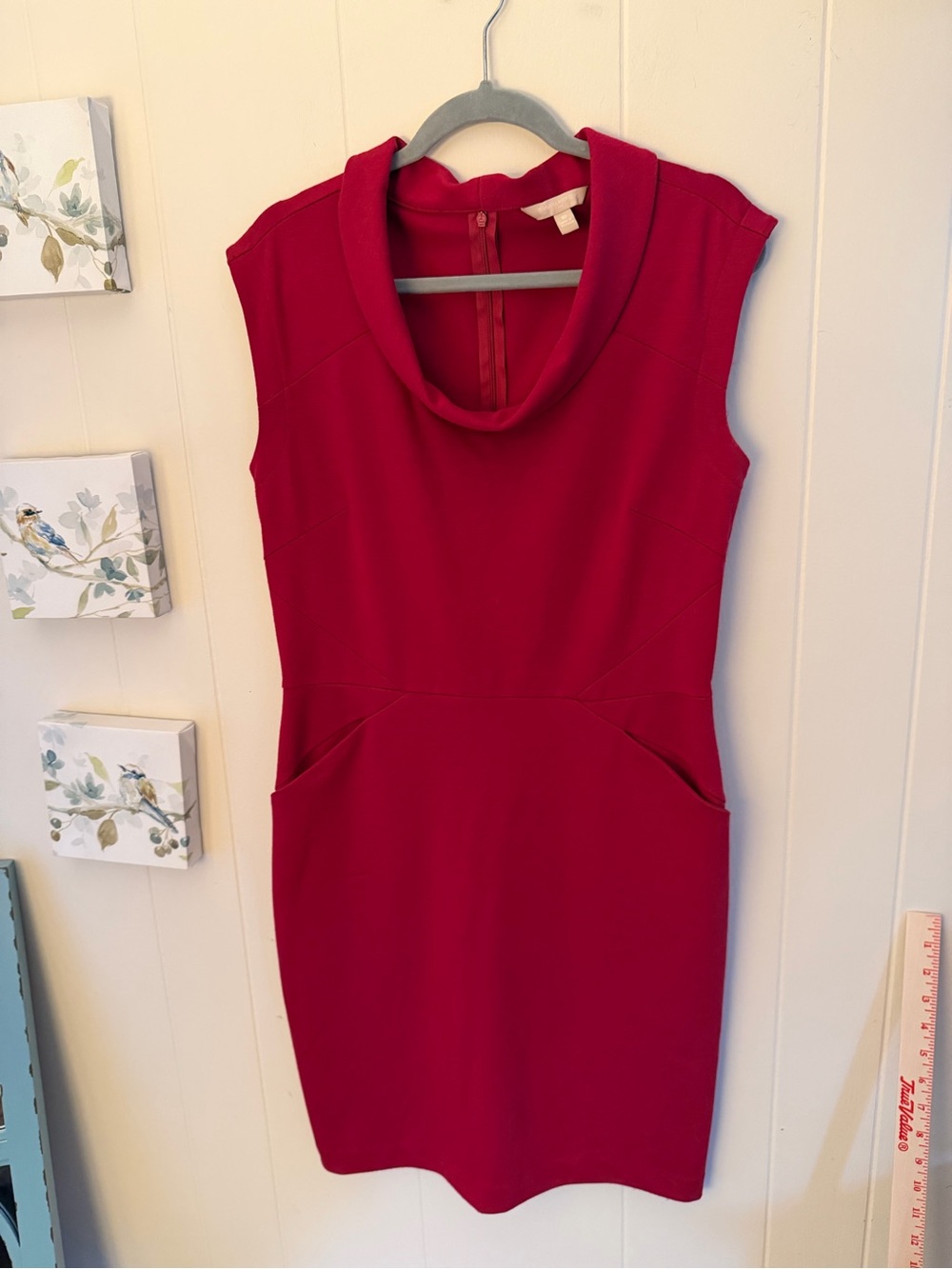 Banana Republic Size 10 Red Cowl Neck Sheath Dress Stretch Pockets Career